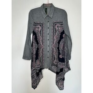 Aratta Silent Journey Paisley Mixed Media Sharkbite Tunic Top Size S Gray Pink